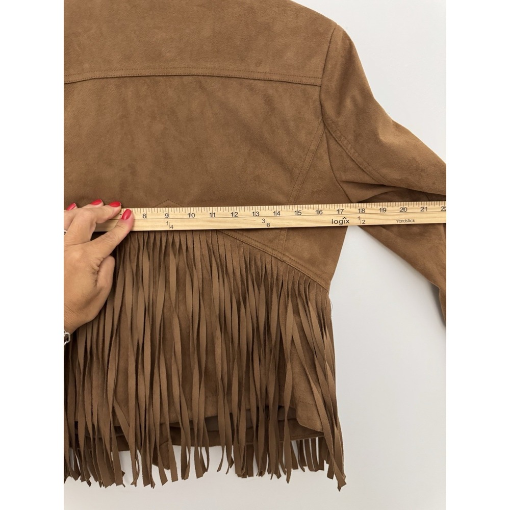 Faux Suede Jacket Women Small Western Fringe Boho Open Front Tan Coastal Cowgirl - Picture 11 of 11